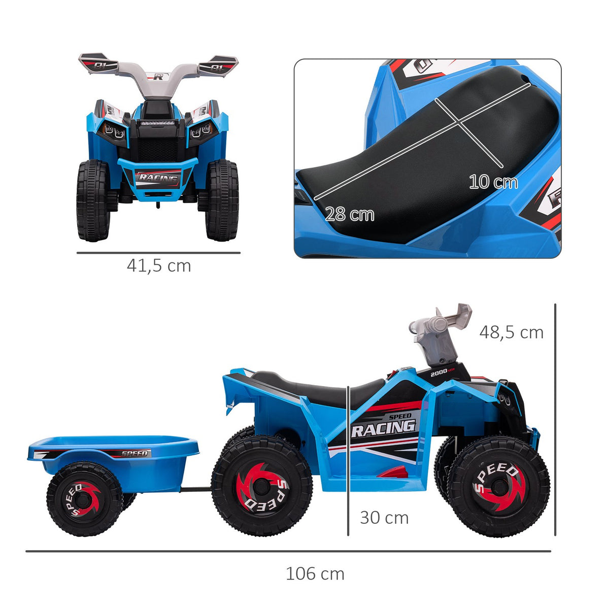 Children'S Quad Children'S Electric Quad, 6V Electric Car With Trailer, Children'S Vehicle For Children 1.5-3 Years, 2.5 Km/H, Metal, Blue