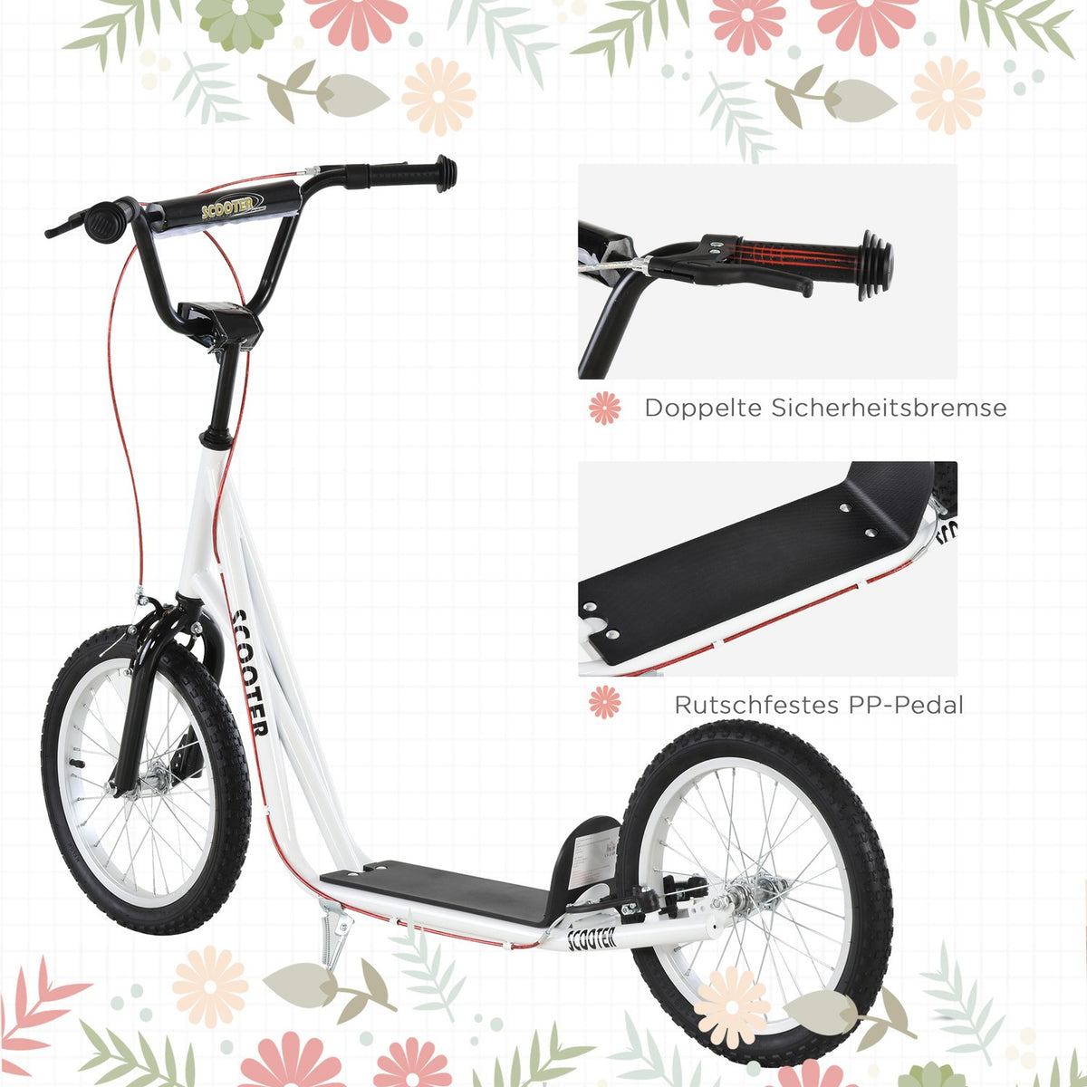Children'S Scooter, City Scooter, Kick Scooter, Children'S Kickboard With Pneumatic Tires And Handbrake, Scooter, Children, Waterproof, Foldable From 5 Years, 16 Inches, White, 139 X 58 X 90-96 Cm
