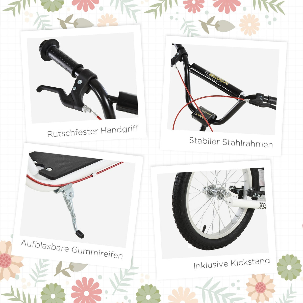 Children'S Scooter, City Scooter, Kick Scooter, Children'S Kickboard With Pneumatic Tires And Handbrake, Scooter, Children, Waterproof, Foldable From 5 Years, 16 Inches, White, 139 X 58 X 90-96 Cm