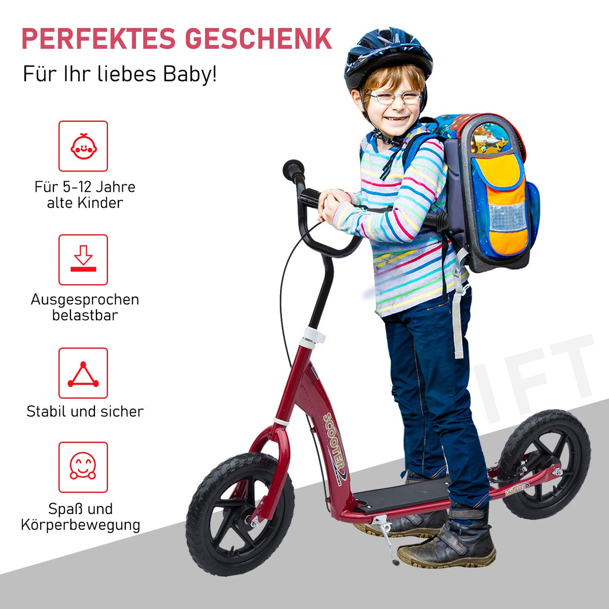 Children'S Scooter City Scooter Scooter 12 Inch With Rear Brake Height Adjustable Steel Eva Red 120 X 52 X 80-88 Cm