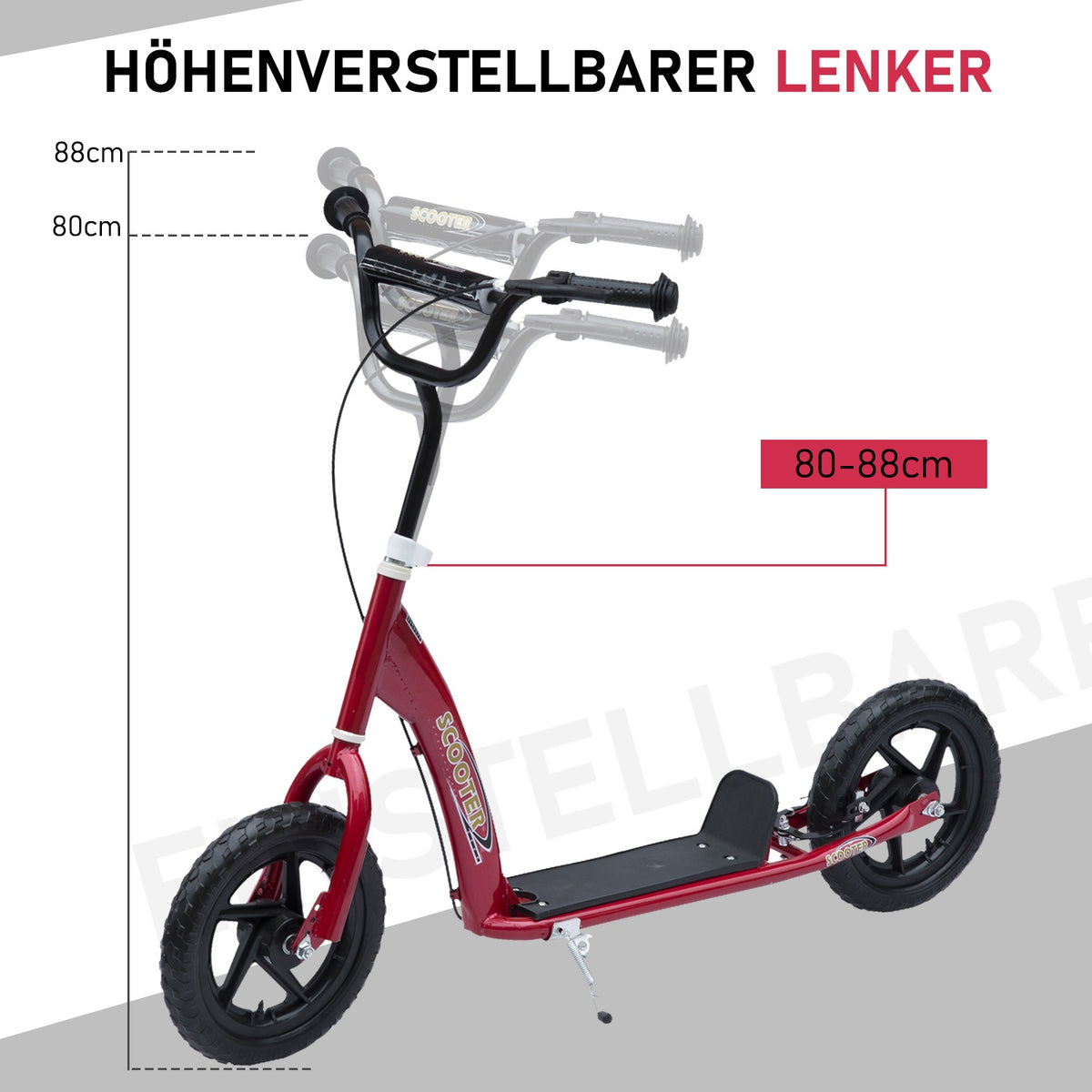 Children'S Scooter City Scooter Scooter 12 Inch With Rear Brake Height Adjustable Steel Eva Red 120 X 52 X 80-88 Cm
