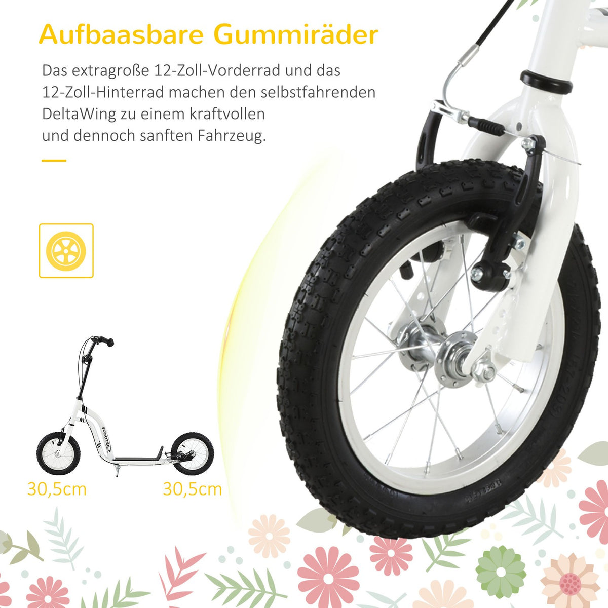 Children'S Scooter From 5 Years, Children'S Scooter, City Scooter With Pneumatic Tires, 12 Inches, Rubber, Aluminum, White