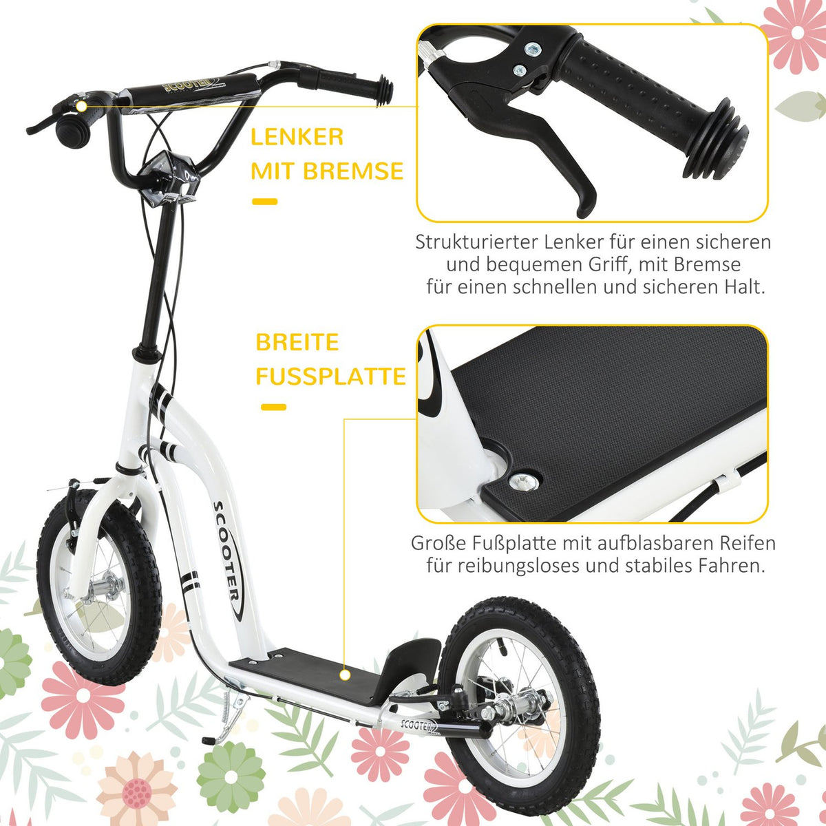 Children'S Scooter From 5 Years, Children'S Scooter, City Scooter With Pneumatic Tires, 12 Inches, Rubber, Aluminum, White