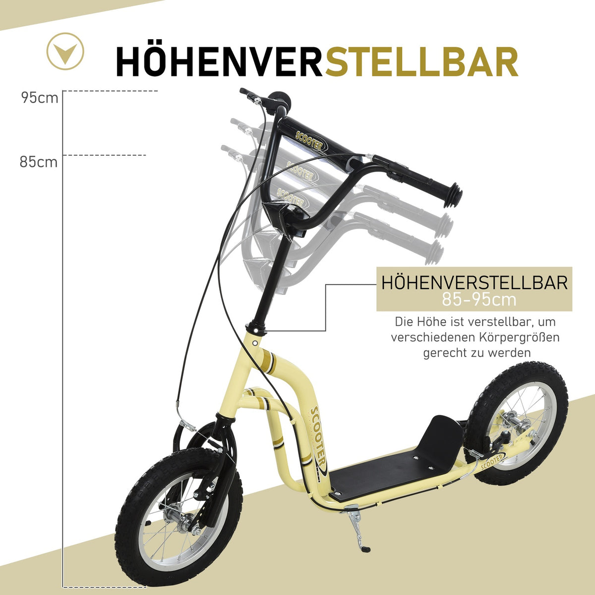 Children'S Scooter From 5 Years Old Scooter Children'S Scooter City Scooter Children'S Scooter Kickboard With Pneumatic Tires 12 Inch Rubber Aluminum Beige 120 X 58 X 85-95 Cm