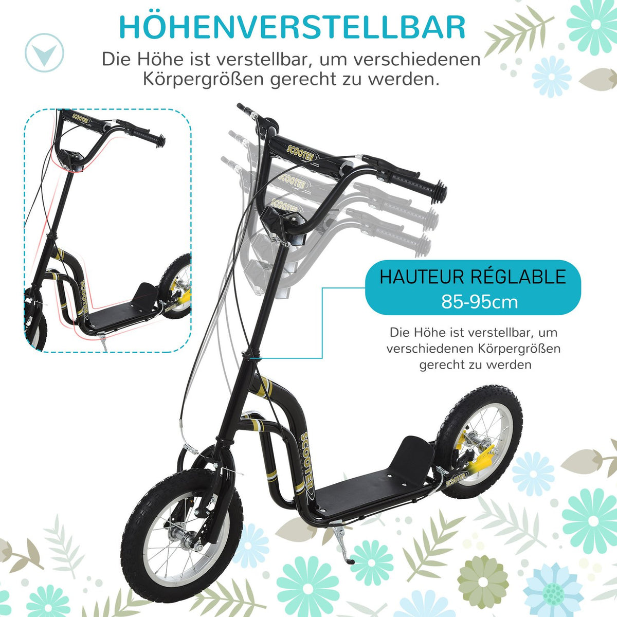 Children'S Scooter From 5 Years Old Scooter Children'S Scooter City Scooter Pneumatic Tires 12 Inch Rubber Aluminum Black 120X58X85-95Cm