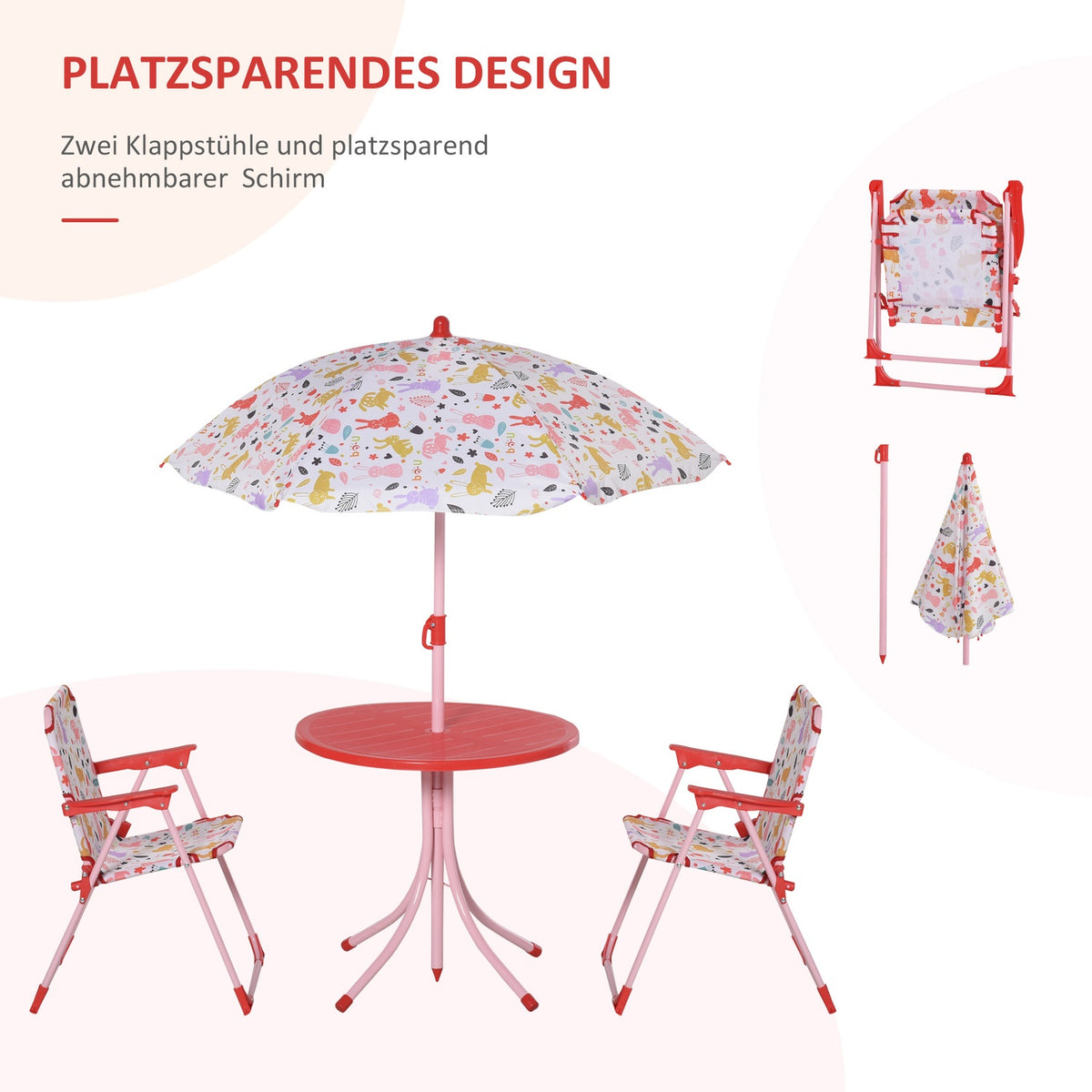 Children'S Seating Group, Camping Set, Garden Table, 2 Folding Chairs, Parasol, 3-5 Years, Red