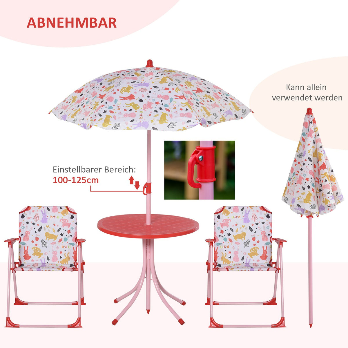 Children'S Seating Group, Camping Set, Garden Table, 2 Folding Chairs, Parasol, 3-5 Years, Red