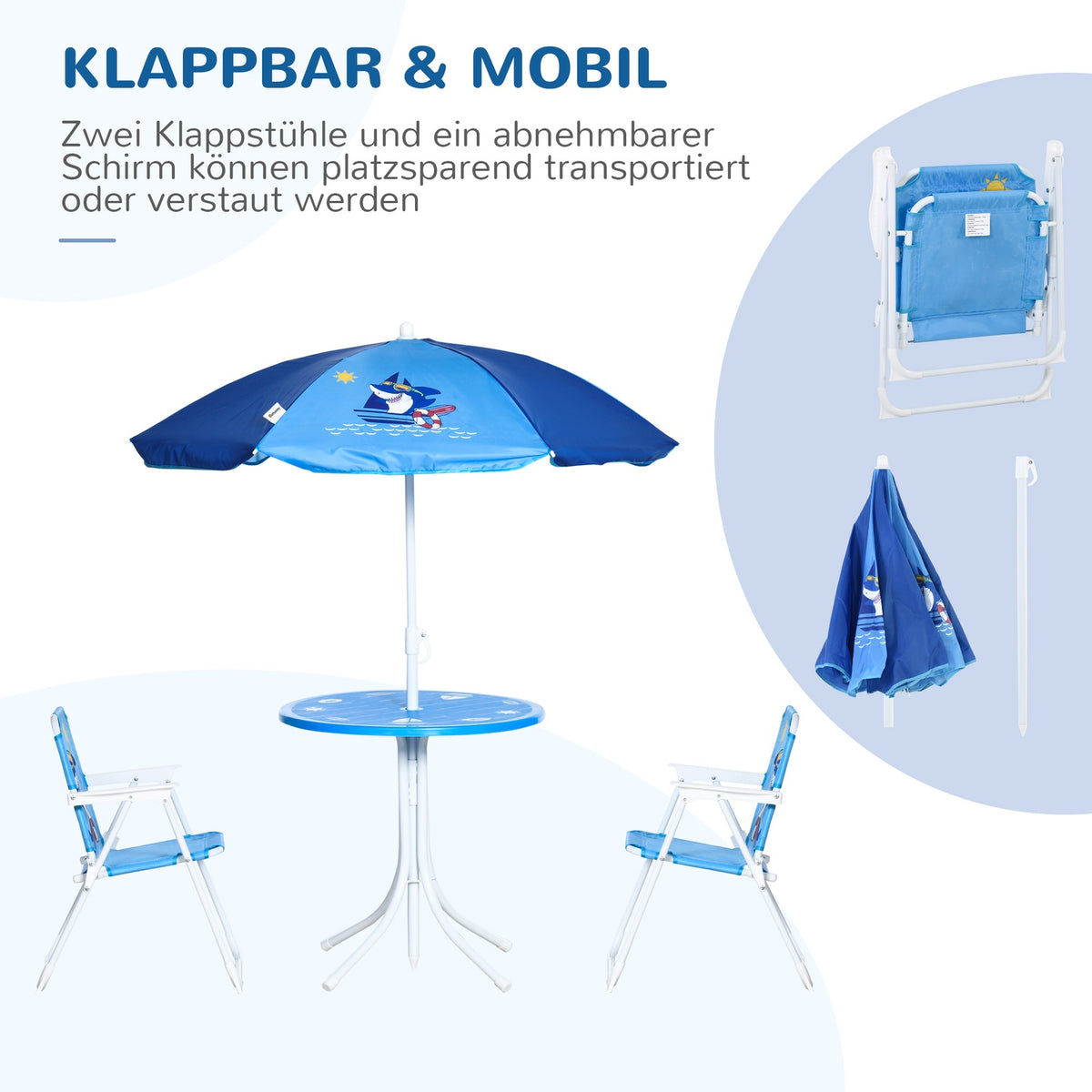 Children'S Seating Group, Camping Set, Garden Table, 2 Folding Chairs, Parasol, 3-6 Years, Blue