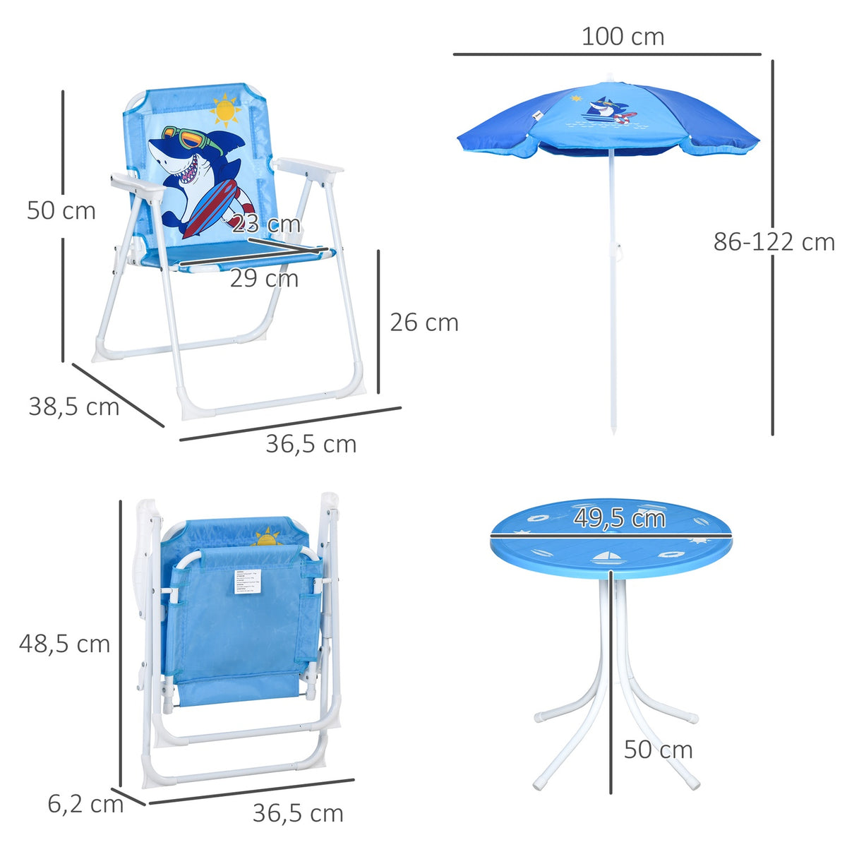 Children'S Seating Group, Camping Set, Garden Table, 2 Folding Chairs, Parasol, 3-6 Years, Blue