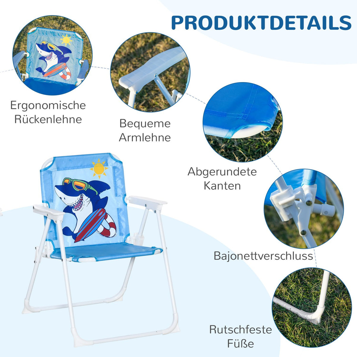 Children'S Seating Group, Camping Set, Garden Table, 2 Folding Chairs, Parasol, 3-6 Years, Blue