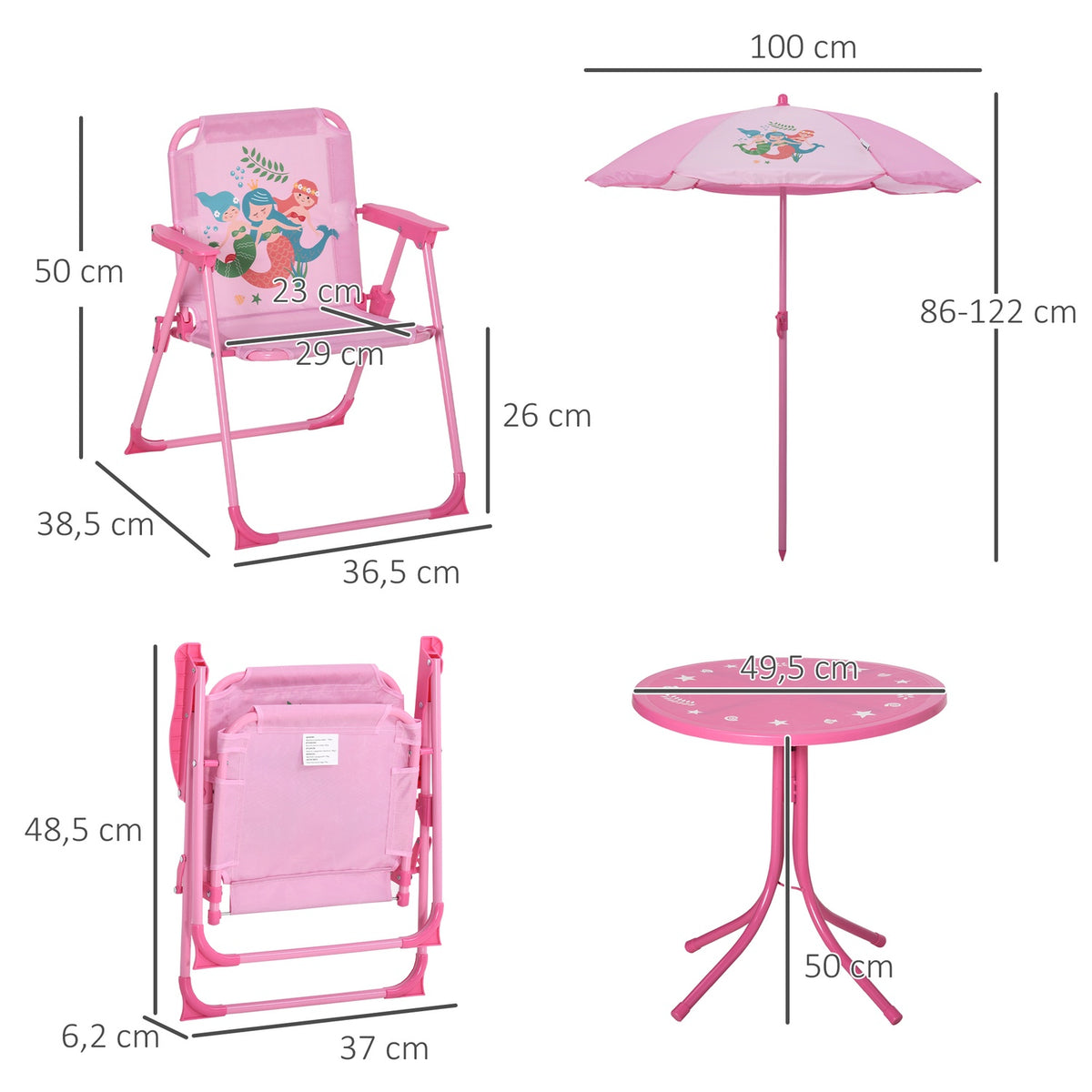 Children'S Seating Group, Garden Set, Garden Table, 2 Folding Chairs, Parasol, 3-6 Years, Pink
