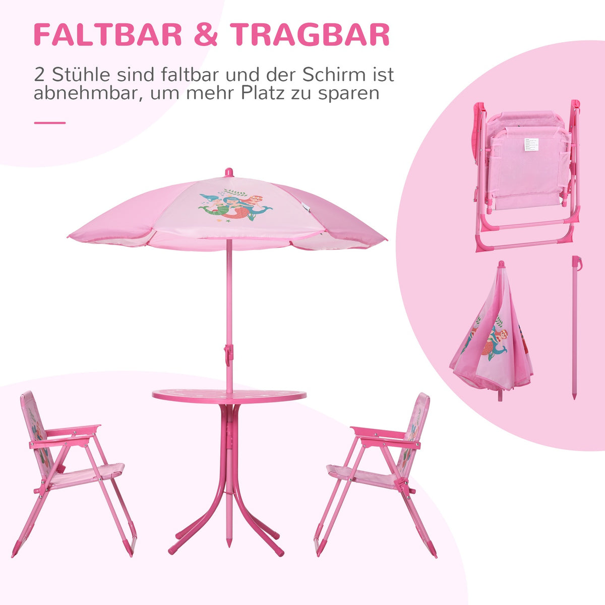 Children'S Seating Group, Garden Set, Garden Table, 2 Folding Chairs, Parasol, 3-6 Years, Pink