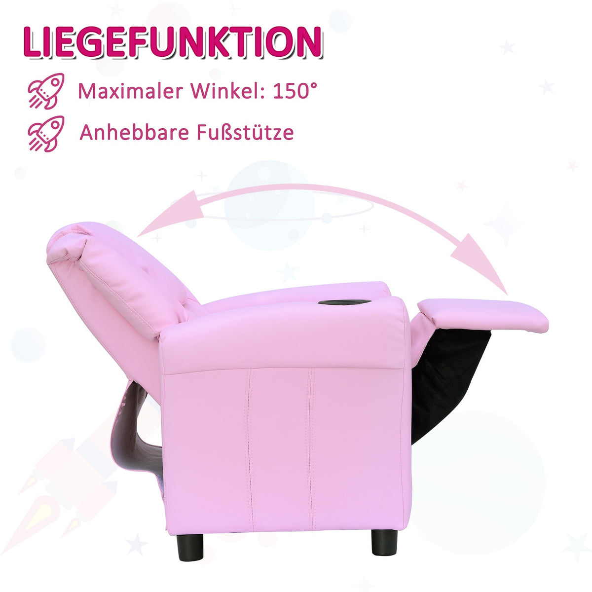 Children'S Sofa Reclining Function Children'S Armchair 3-6 Years Pink Cup Holder 62X56X69Cm