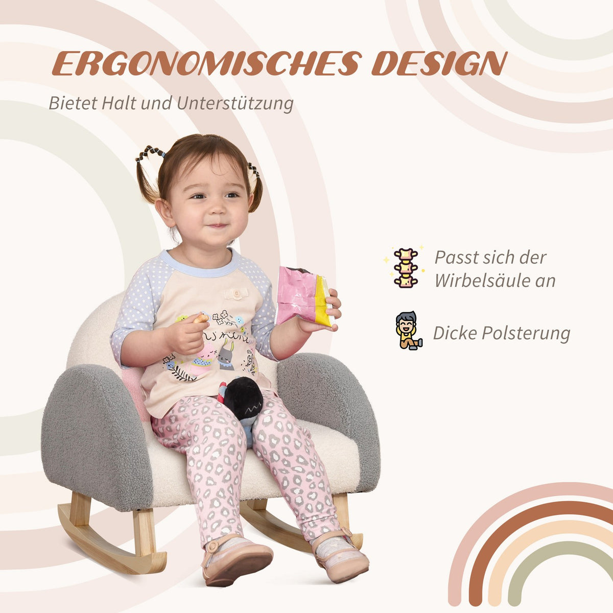 Children'S Sofa Rocking Chair Soft Children'S Armchair In Imitation Lambskin, Eucalyptus Wood, Gray, For 3-5 Years, Comfortable For Toddlers