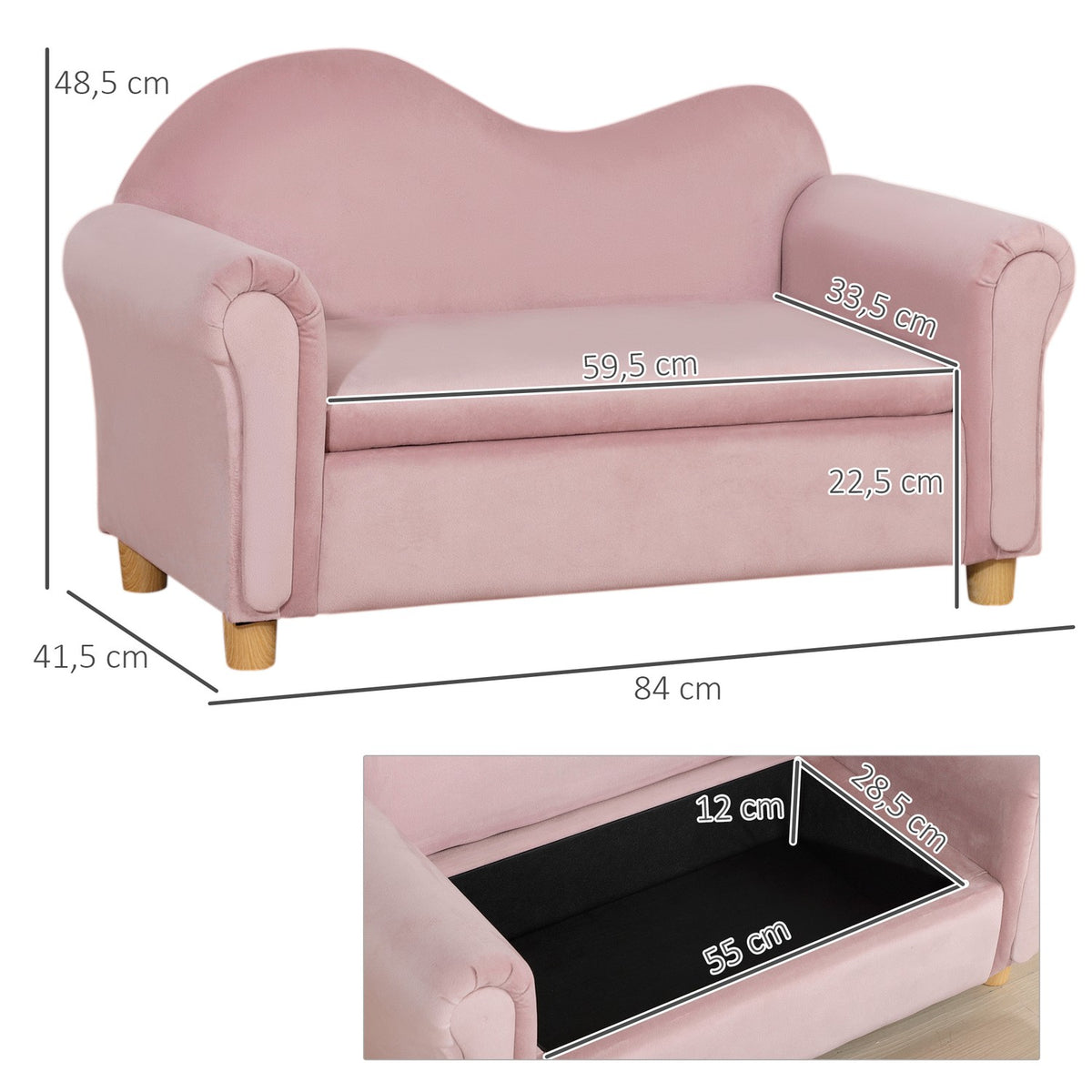 Children'S Sofa Storage Space Pink Fleece Two-Seater 3-5 Years 84X41.5X48.5Cm