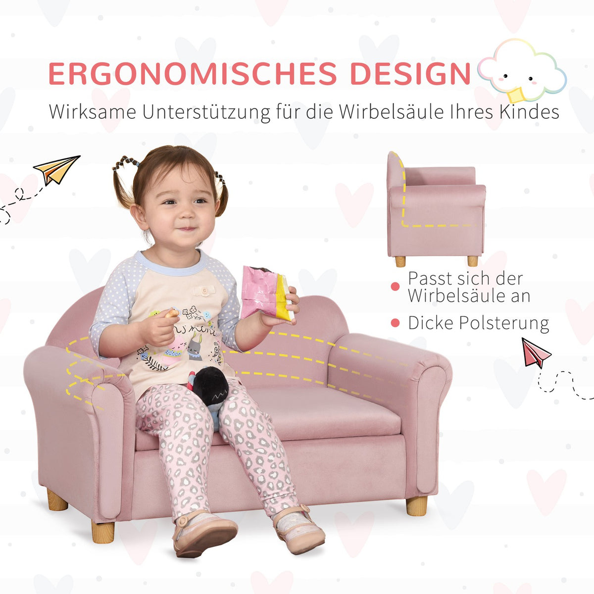 Children'S Sofa Storage Space Pink Fleece Two-Seater 3-5 Years 84X41.5X48.5Cm
