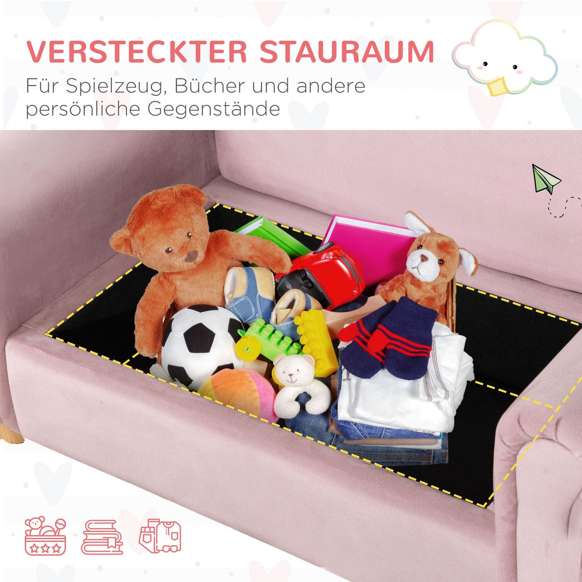 Children'S Sofa Storage Space Pink Fleece Two-Seater 3-5 Years 84X41.5X48.5Cm
