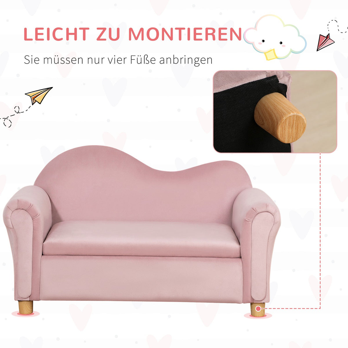 Children'S Sofa Storage Space Pink Fleece Two-Seater 3-5 Years 84X41.5X48.5Cm