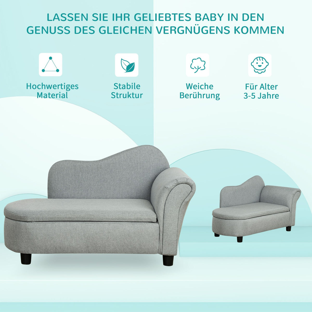Children'S Sofa With Storage Space In Light Gray Chaise Longue, Solid Wood, 80X40X49Cm, For Children 1.5-3 Years
