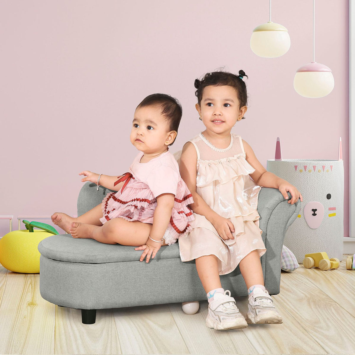 Children'S Sofa With Storage Space In Light Gray Chaise Longue, Solid Wood, 80X40X49Cm, For Children 1.5-3 Years