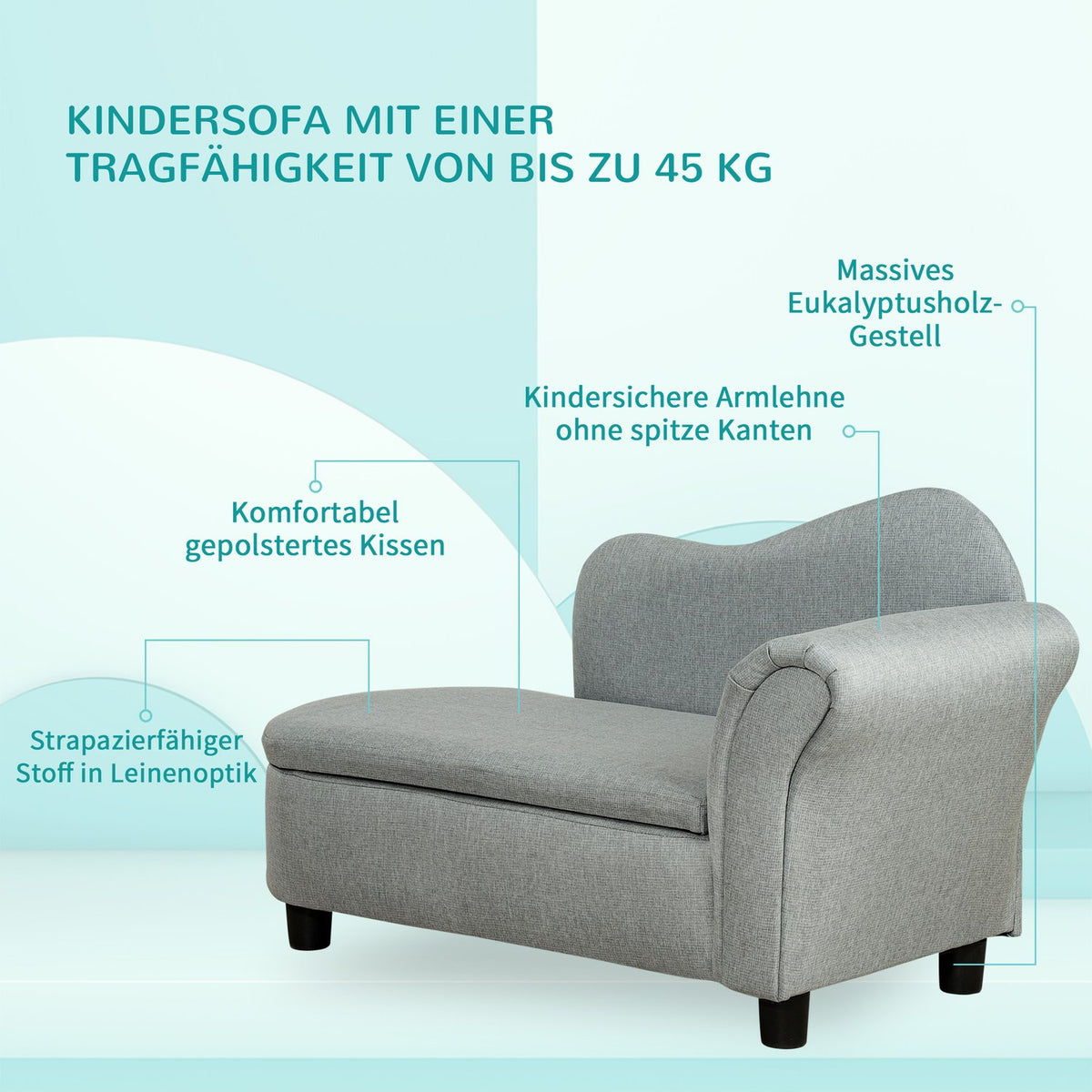 Children'S Sofa With Storage Space In Light Gray Chaise Longue, Solid Wood, 80X40X49Cm, For Children 1.5-3 Years