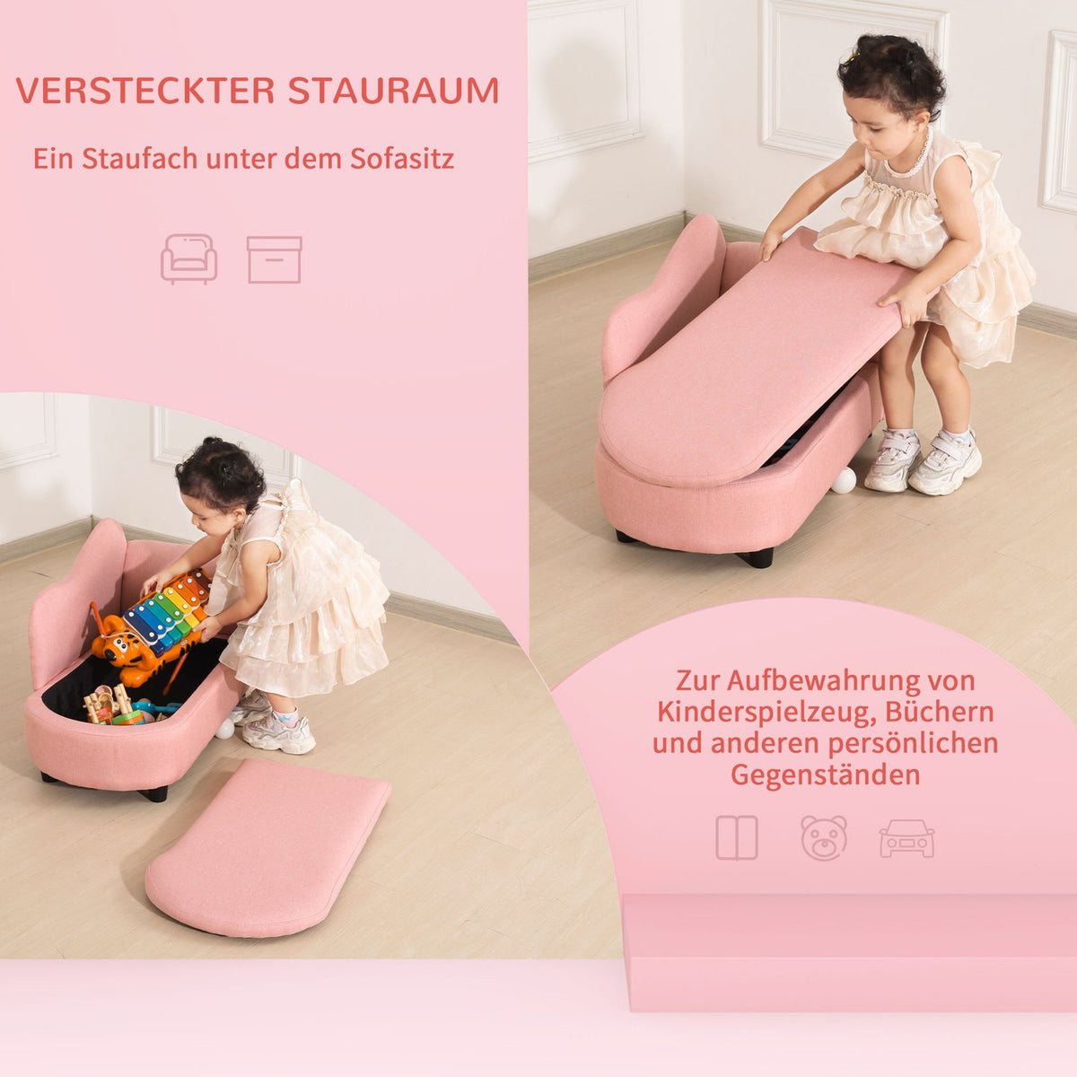 Children'S Sofa With Storage Space In Pink Sofa Bed In Linen Look, Solid Wood, 80X40X49Cm, For Children 3-5 Years