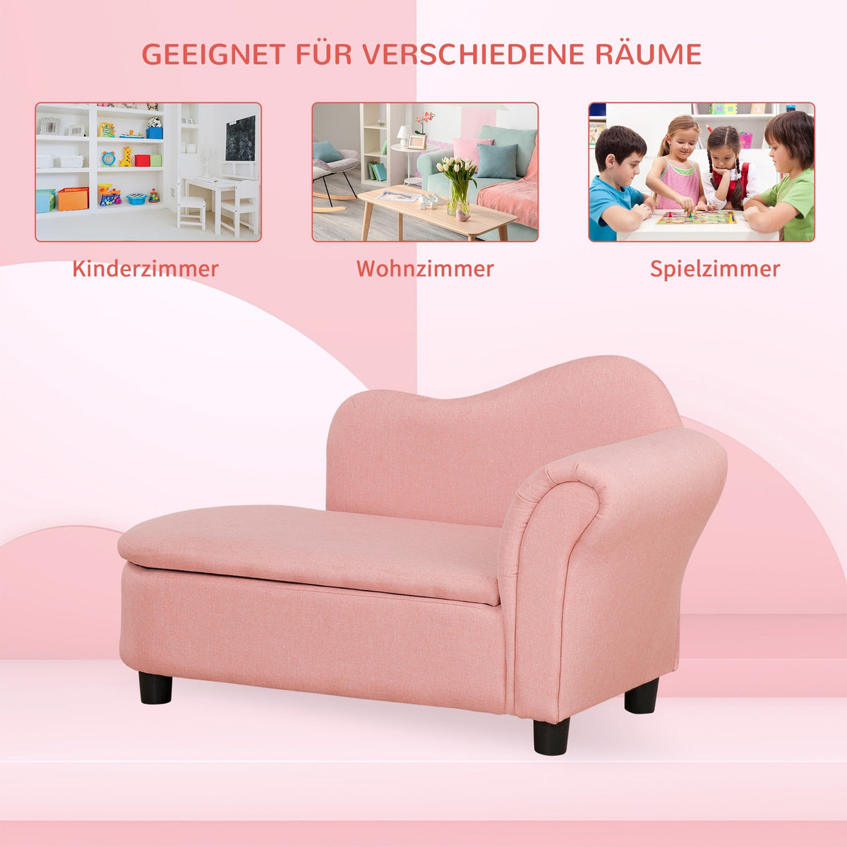 Children'S Sofa With Storage Space In Pink Sofa Bed In Linen Look, Solid Wood, 80X40X49Cm, For Children 3-5 Years