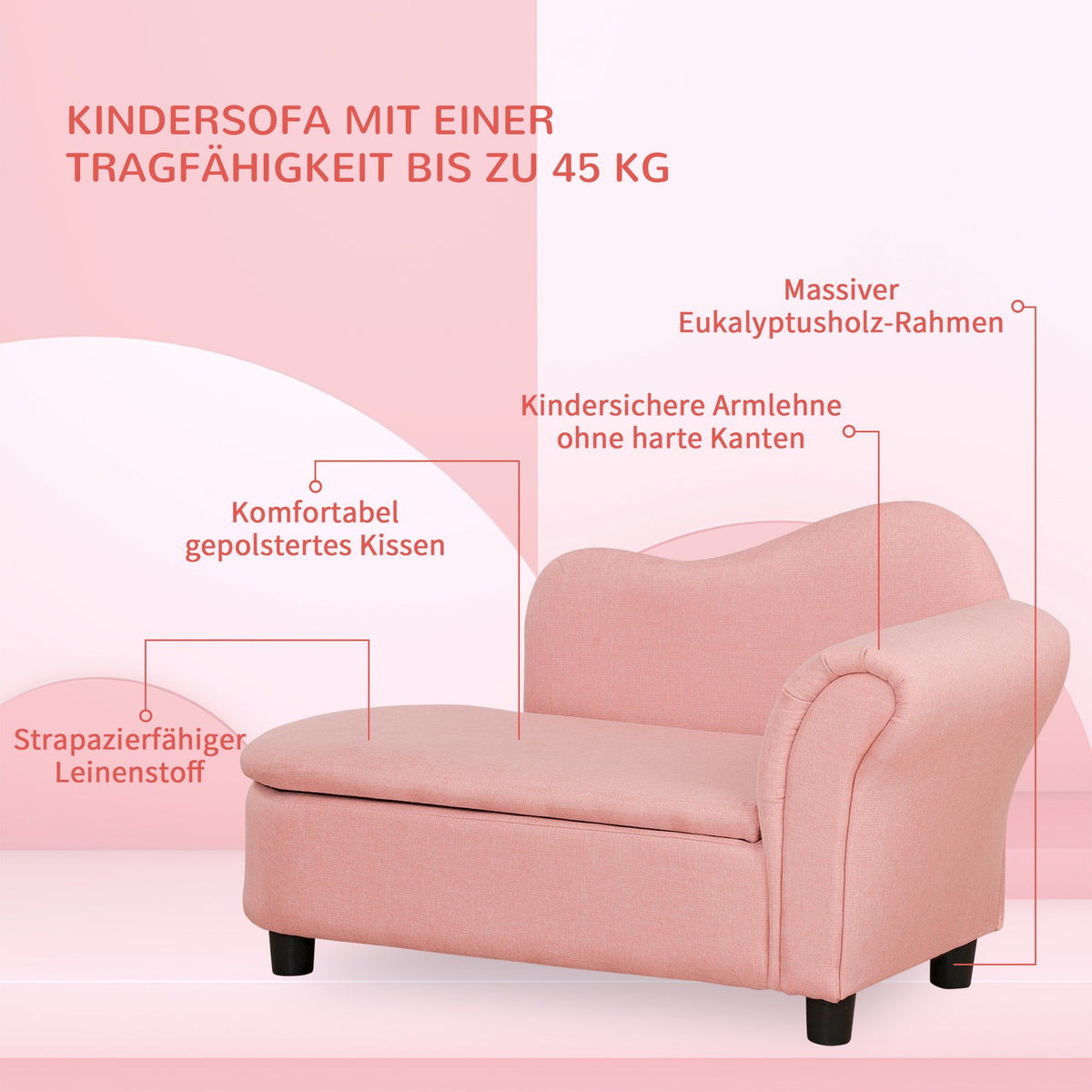 Children'S Sofa With Storage Space In Pink Sofa Bed In Linen Look, Solid Wood, 80X40X49Cm, For Children 3-5 Years