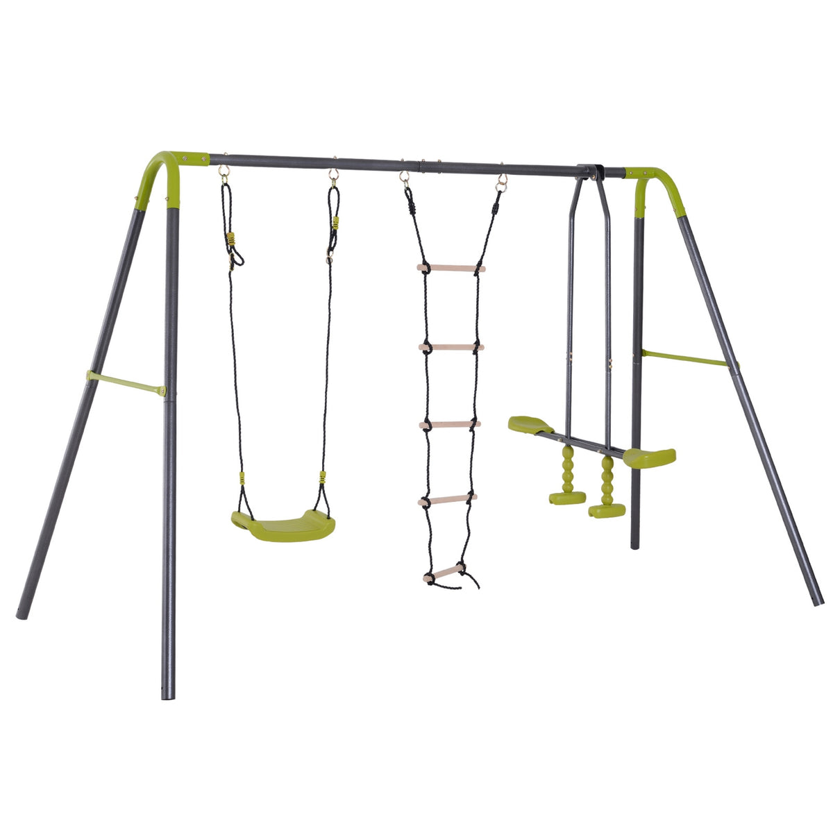 Children'S Swing Garden Swing With Metal Frame, Climbing Rope Ladder & Seesaw, For 3-10 Years, Up To 3 Children