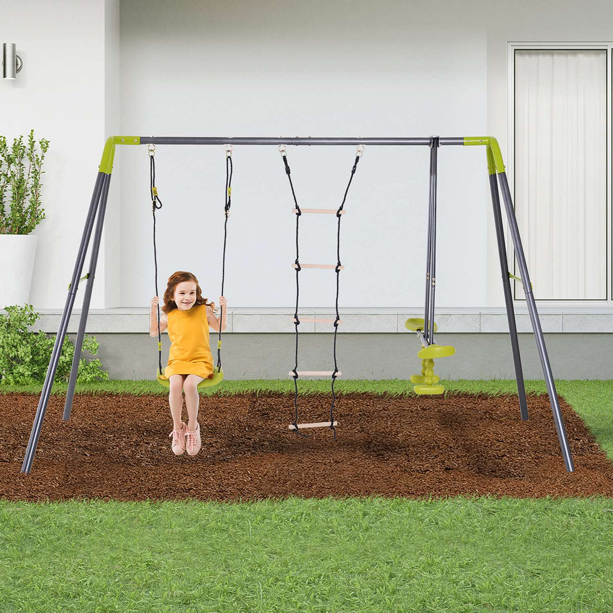 Children'S Swing Garden Swing With Metal Frame, Climbing Rope Ladder & Seesaw, For 3-10 Years, Up To 3 Children