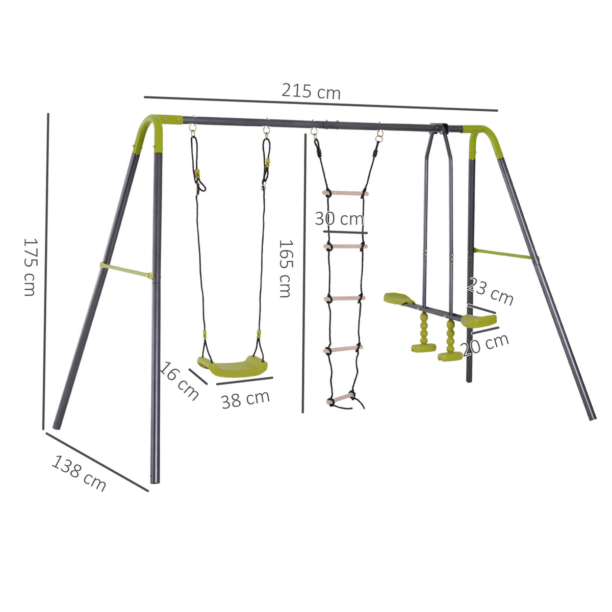 Children'S Swing Garden Swing With Metal Frame, Climbing Rope Ladder & Seesaw, For 3-10 Years, Up To 3 Children