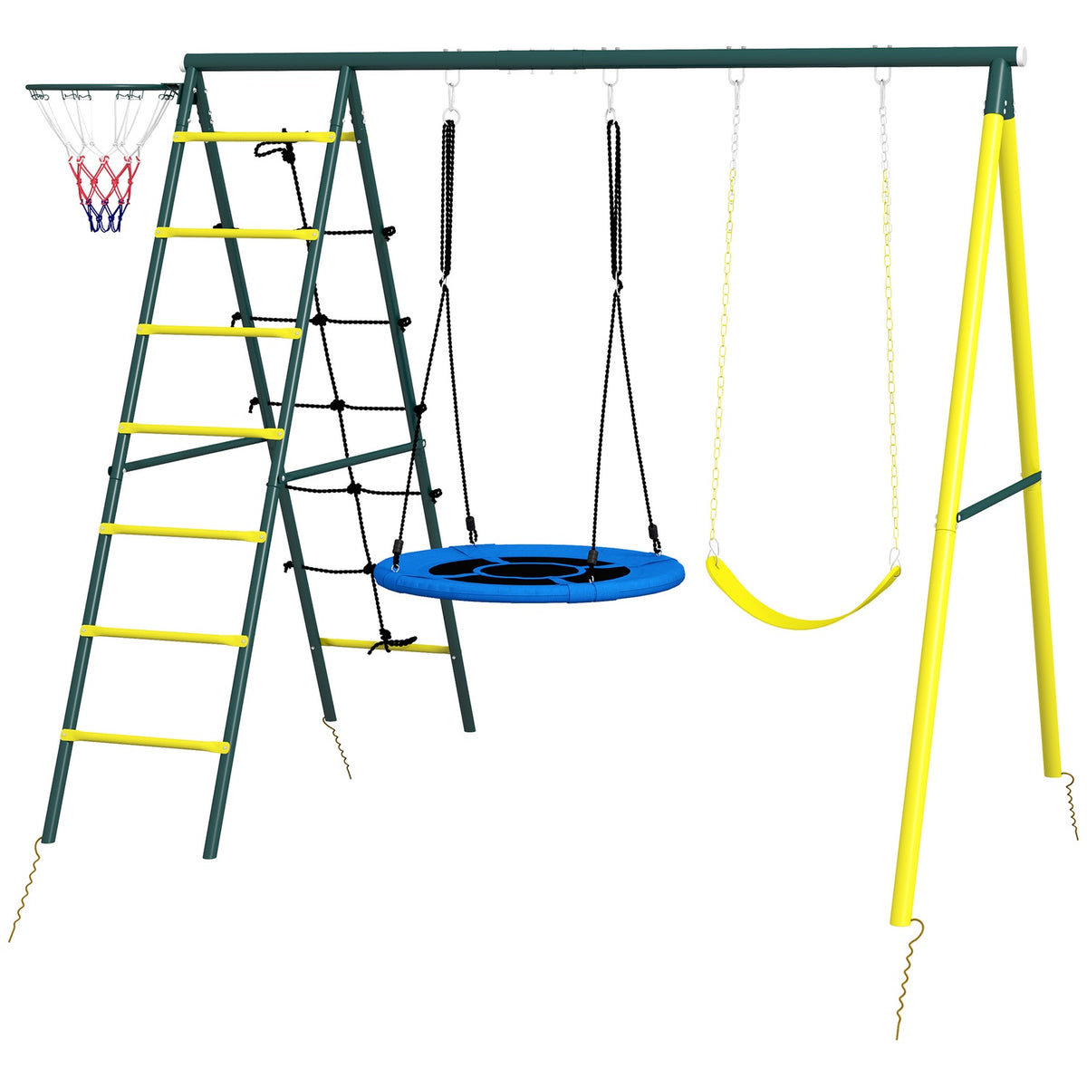 Children'S Swing Set 4 In 1 Swing Frame With 2 Swings, Basketball Hoop, Climbing Ladder, Steel, Yellow, For 3-8 Years
