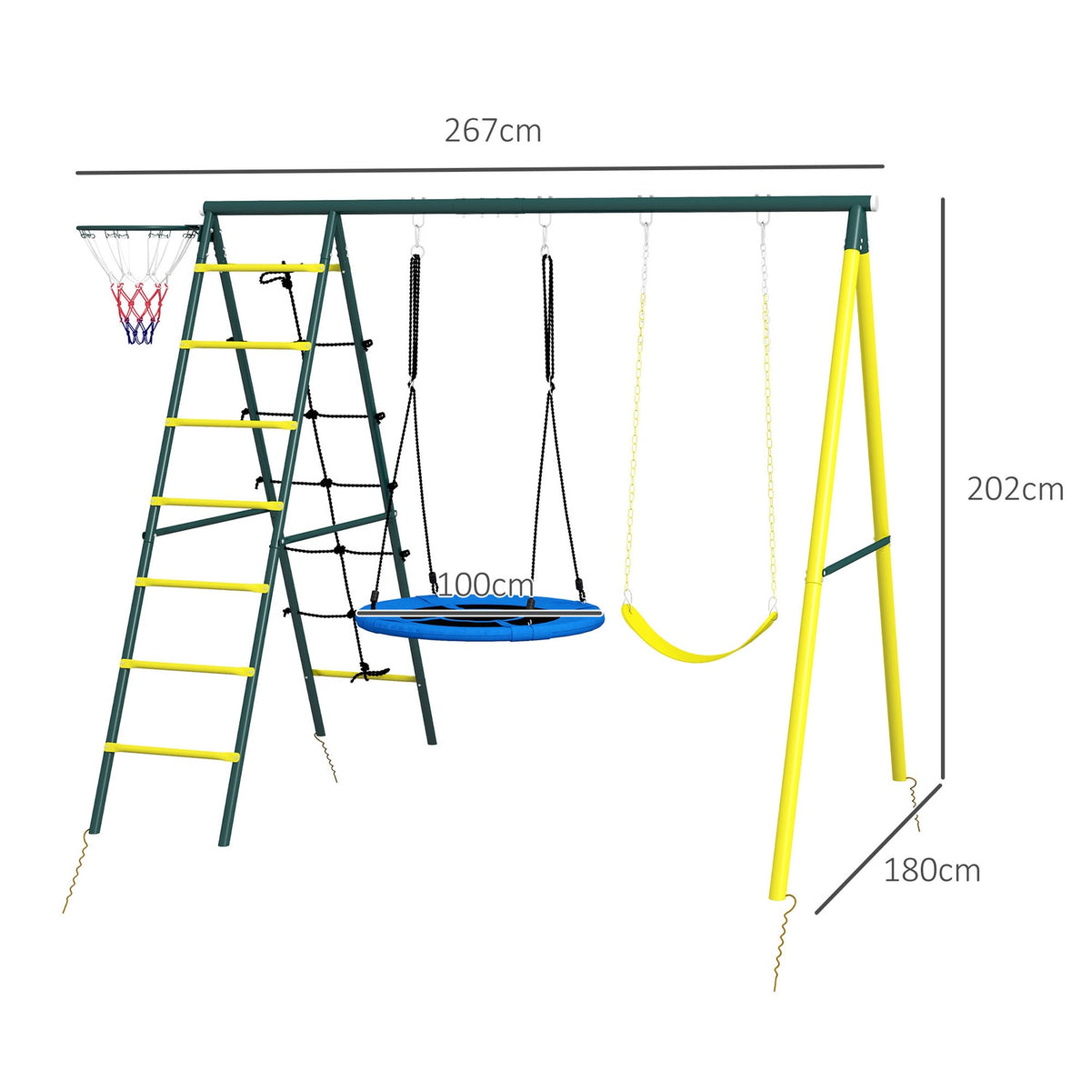 Children'S Swing Set 4 In 1 Swing Frame With 2 Swings, Basketball Hoop, Climbing Ladder, Steel, Yellow, For 3-8 Years