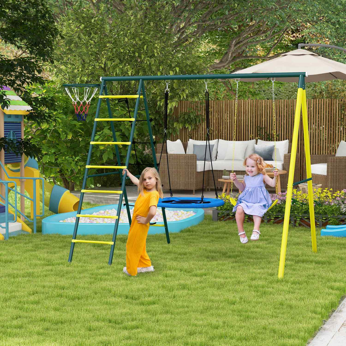 Children'S Swing Set 4 In 1 Swing Frame With 2 Swings, Basketball Hoop, Climbing Ladder, Steel, Yellow, For 3-8 Years