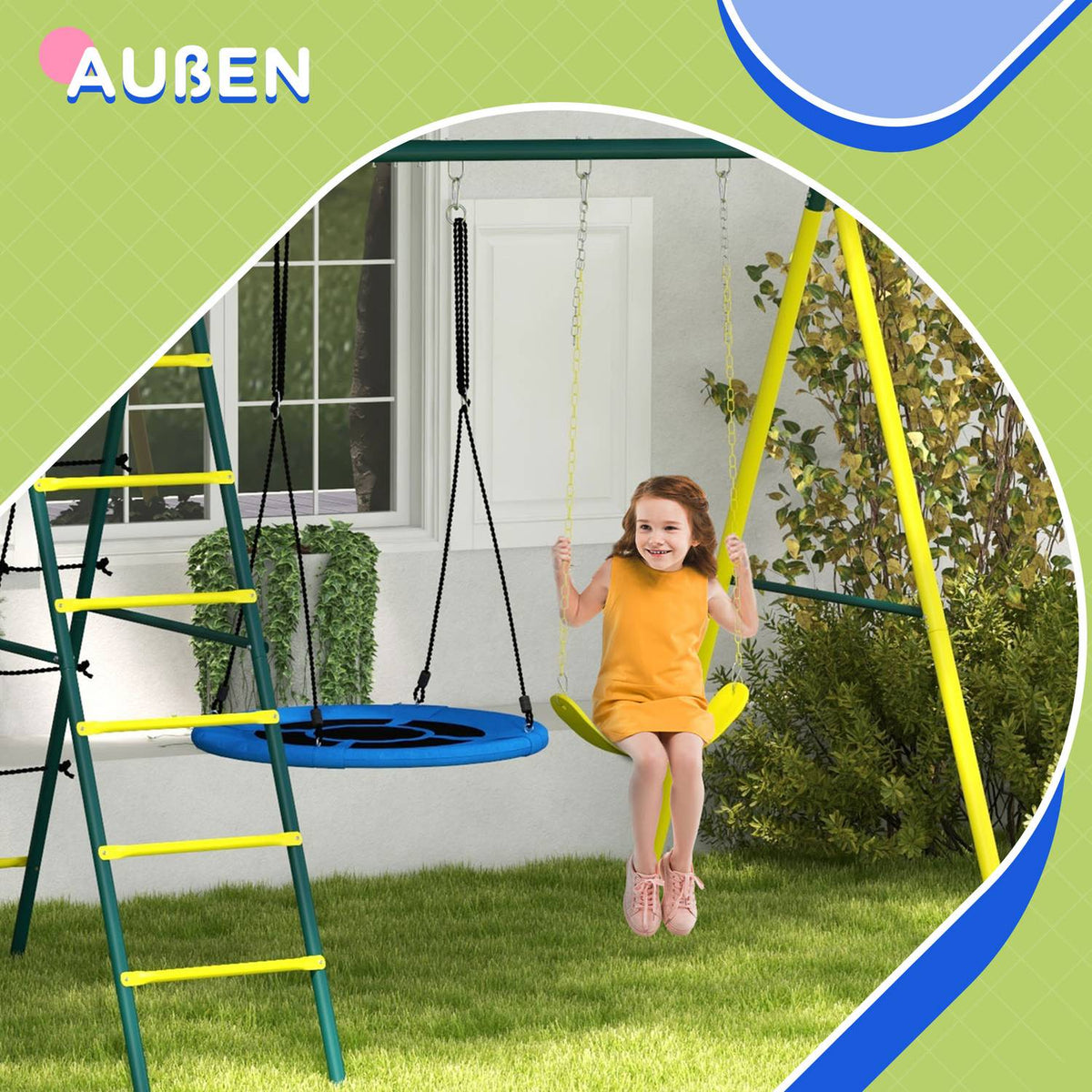 Children'S Swing Set 4 In 1 Swing Frame With 2 Swings, Basketball Hoop, Climbing Ladder, Steel, Yellow, For 3-8 Years