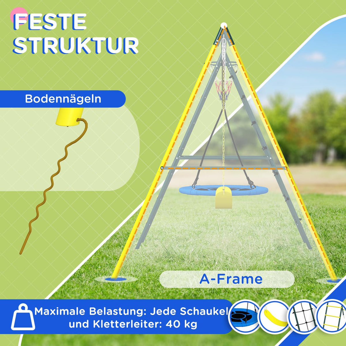 Children'S Swing Set 4 In 1 Swing Frame With 2 Swings, Basketball Hoop, Climbing Ladder, Steel, Yellow, For 3-8 Years