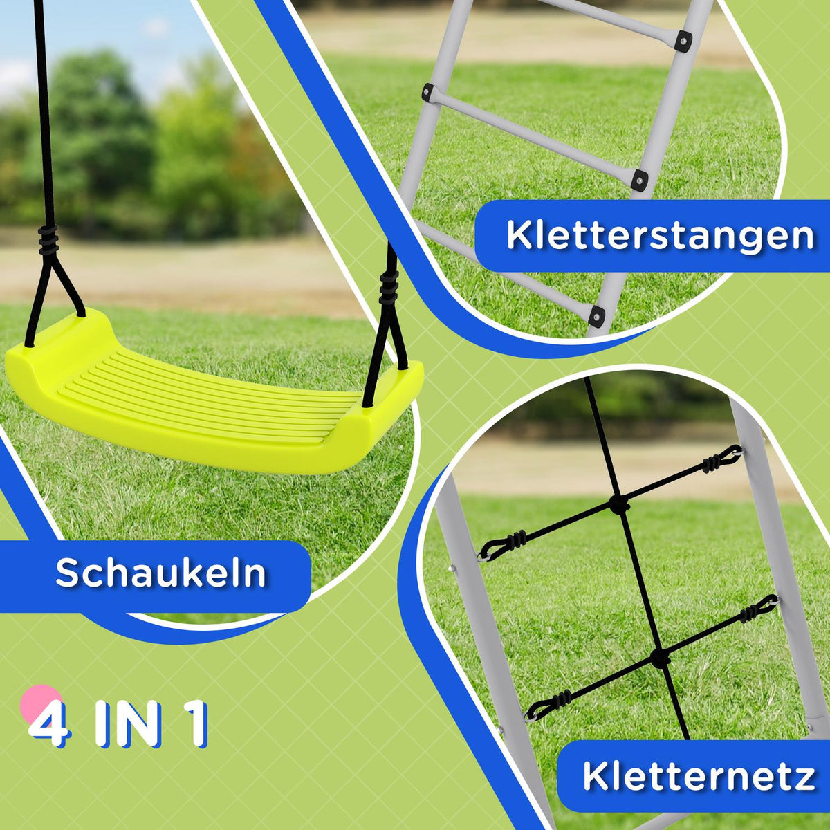 Children'S Swing Set Swing Frame 2 Swings Climbing Net Rung Ladder Garden Swing 3-8 Years Steel Green
