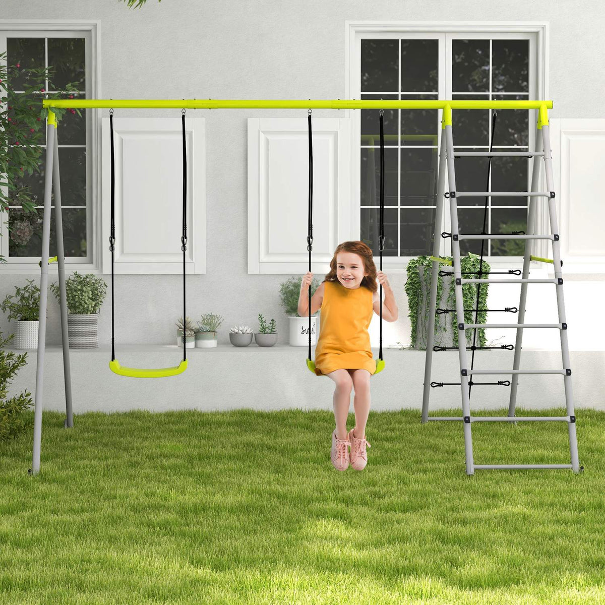 Children'S Swing Set Swing Frame 2 Swings Climbing Net Rung Ladder Garden Swing 3-8 Years Steel Green