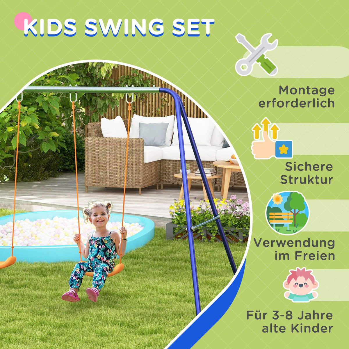 Children'S Swing Set, Swing Frame With 2 Swings, Swing Frame, Garden Swing For Two Children 3-8 Years, Steel, 2.69 X 1.6 X 1.8 M