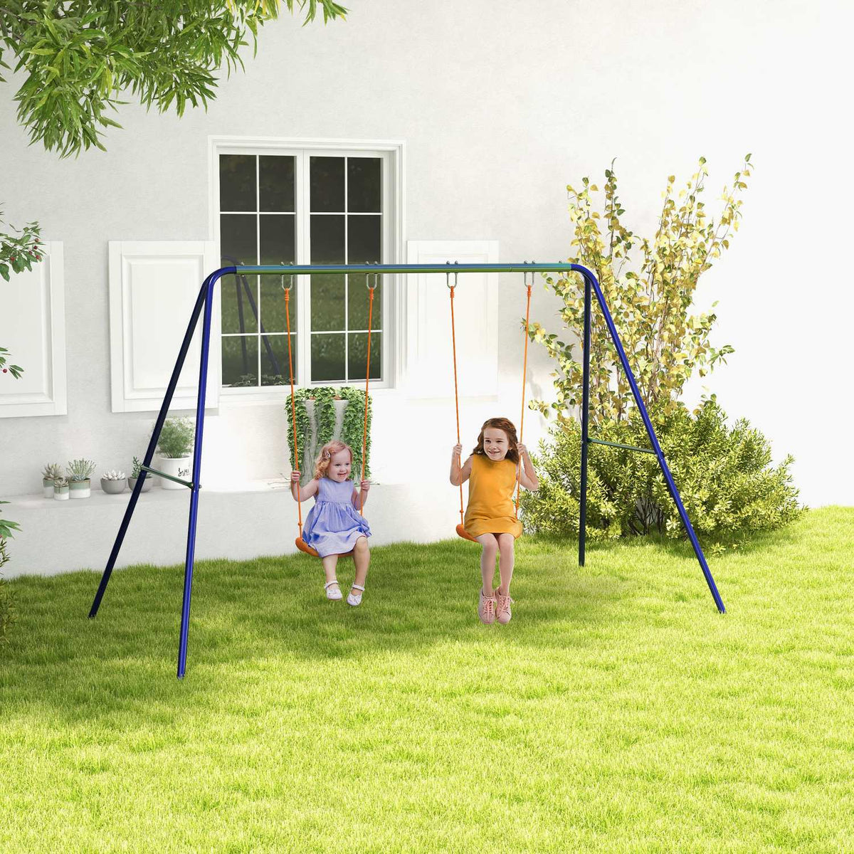 Children'S Swing Set, Swing Frame With 2 Swings, Swing Frame, Garden Swing For Two Children 3-8 Years, Steel, 2.69 X 1.6 X 1.8 M