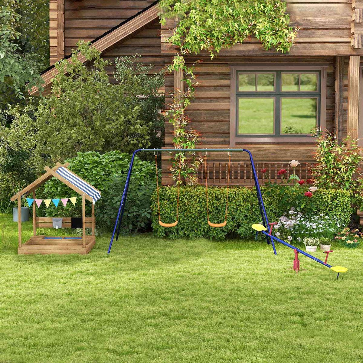 Children'S Swing Set, Swing Frame With 2 Swings, Swing Frame, Garden Swing For Two Children 3-8 Years, Steel, 2.69 X 1.6 X 1.8 M