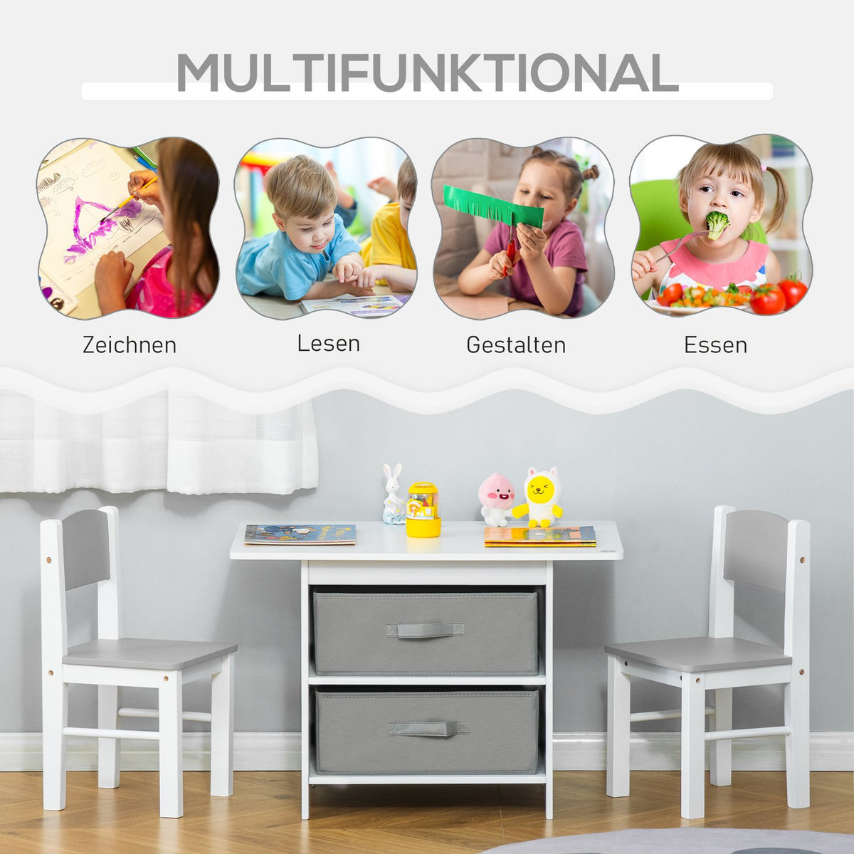 Children'S Table With Storage Space & 2 Storage Baskets, Wood, Non-Woven Fabric, White + Gray, 71X48X49Cm