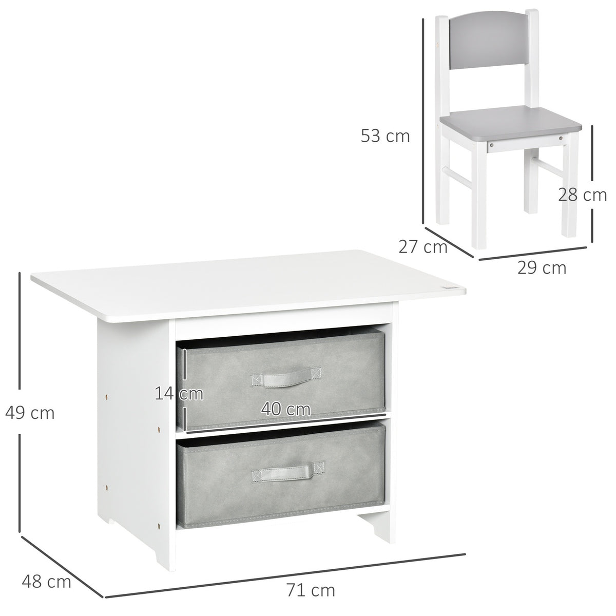 Children'S Table With Storage Space & 2 Storage Baskets, Wood, Non-Woven Fabric, White + Gray, 71X48X49Cm