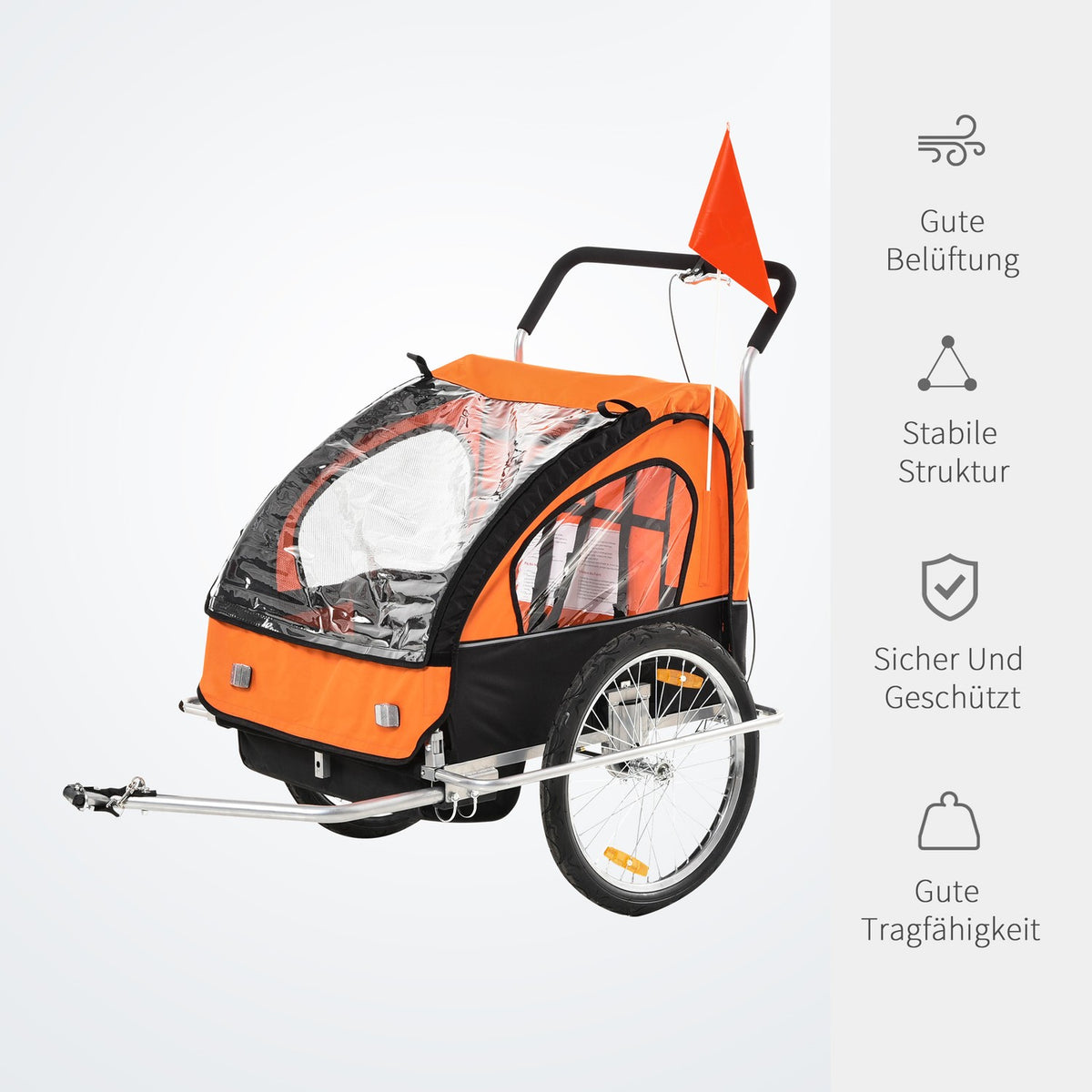 Children'S Trailer Bicycle Trailer Children'S Bike Trailer For 2 Children With Flag Rain Protection Breathable Steel Orange + Black 142 X 85 X 105 Cm