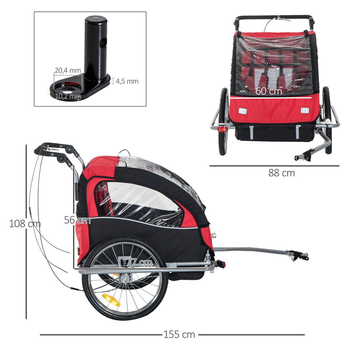 Children'S Trailer Bicycle Trailer With Flag Bicycle Trailer For 2 Children Rain Cover Breathable Foldable Oxford Fabric Red 155 X 88 X 108 Cm