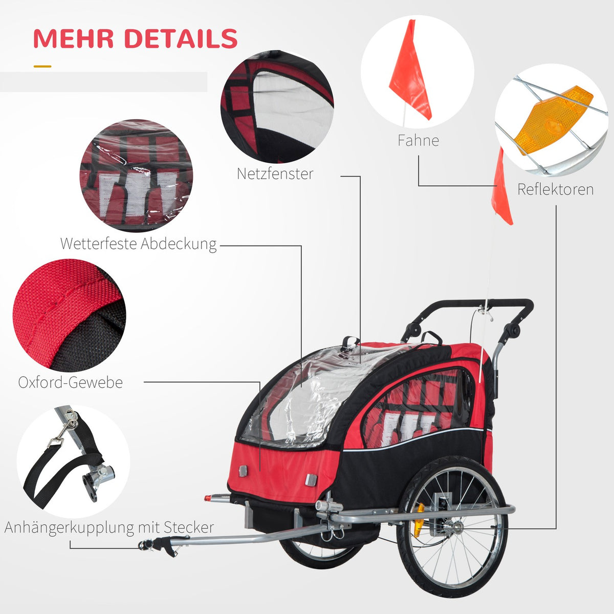 Children'S Trailer Bicycle Trailer With Flag Bicycle Trailer For 2 Children Rain Cover Breathable Foldable Oxford Fabric Red 155 X 88 X 108 Cm