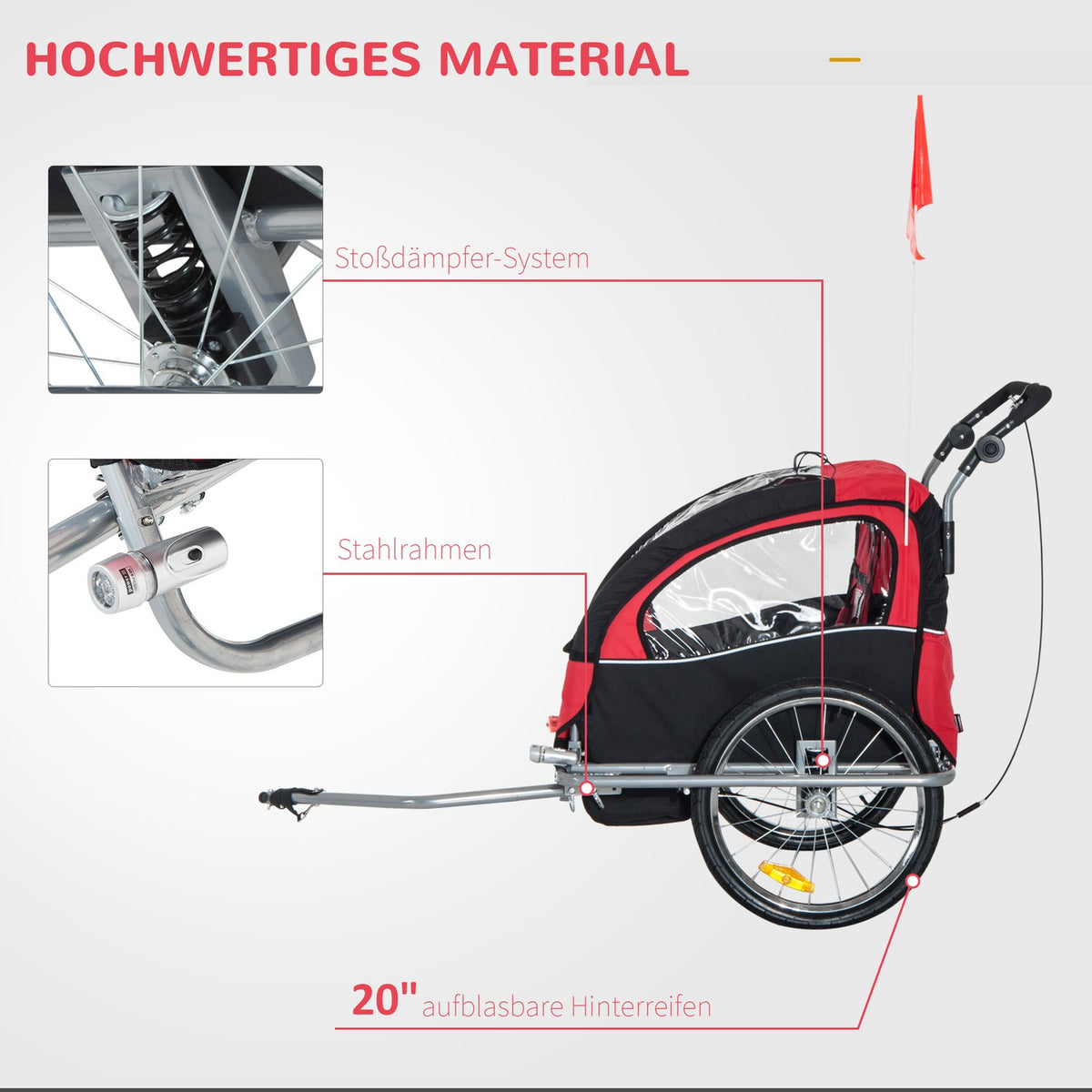 Children'S Trailer Bicycle Trailer With Flag Bicycle Trailer For 2 Children Rain Cover Breathable Foldable Oxford Fabric Red 155 X 88 X 108 Cm