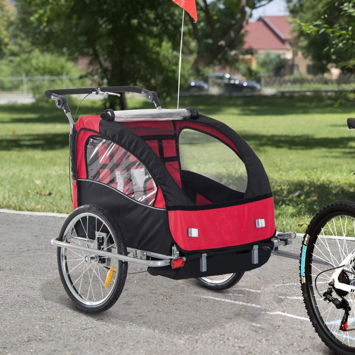 Children'S Trailer Bicycle Trailer With Flag Bicycle Trailer For 2 Children Rain Cover Breathable Foldable Oxford Fabric Red 155 X 88 X 108 Cm