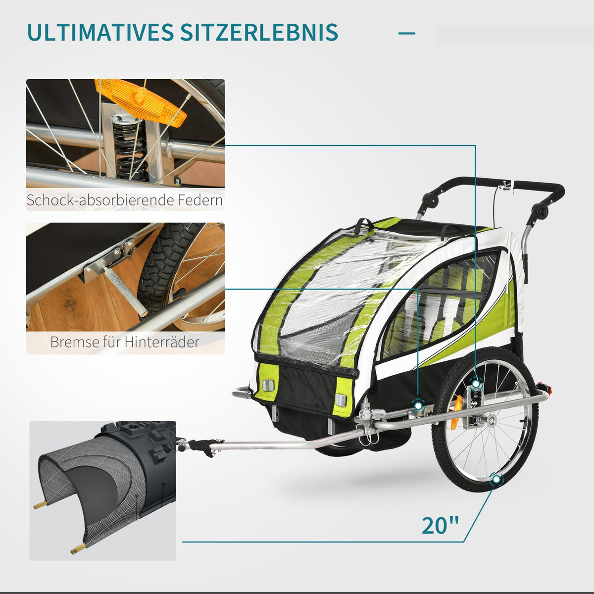 Children'S Trailer Children'S Trailer Bicycle Trailer For 2 Children With Rain Cover Breathable Green + Black 155 X 88 X 108 Cm