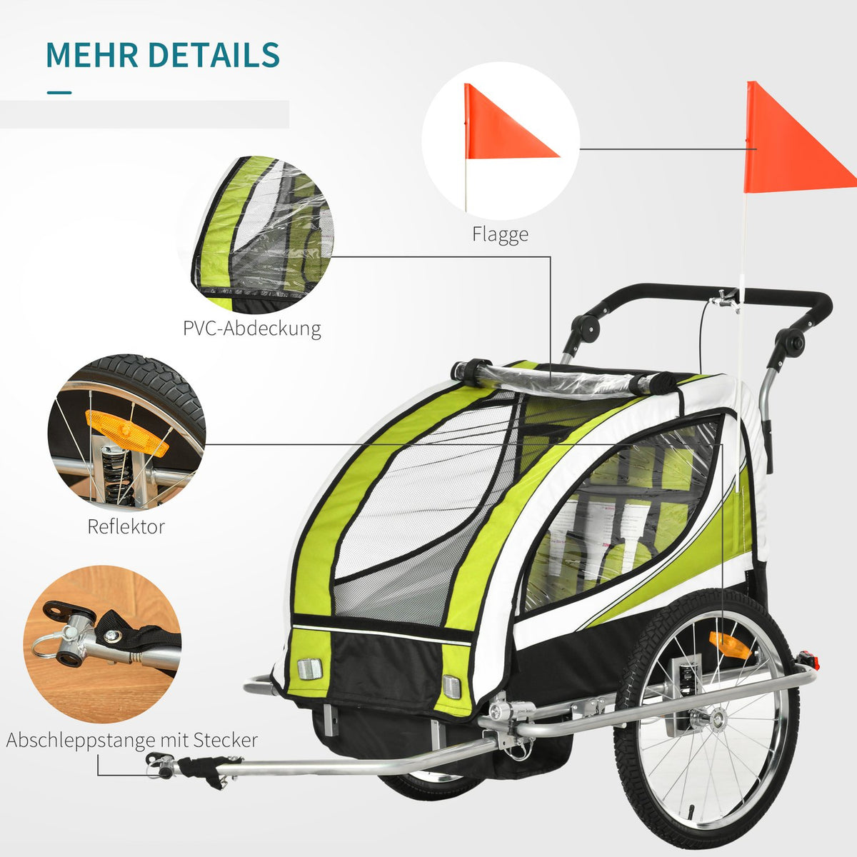 Children'S Trailer Children'S Trailer Bicycle Trailer For 2 Children With Rain Cover Breathable Green + Black 155 X 88 X 108 Cm